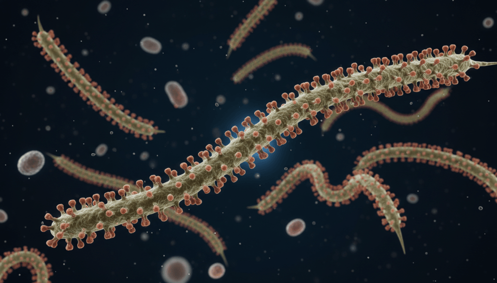 3D medical illustration of Bundibugyo Ebola virus (BVD) particles showing filamentous structure and glycoprotein spikes.