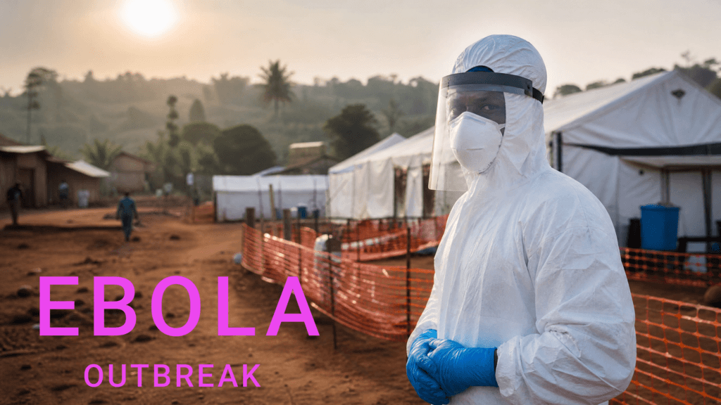 A healthcare worker in full PPE at an Ebola treatment center in Africa, symbolizing the medical response to the outbreak.