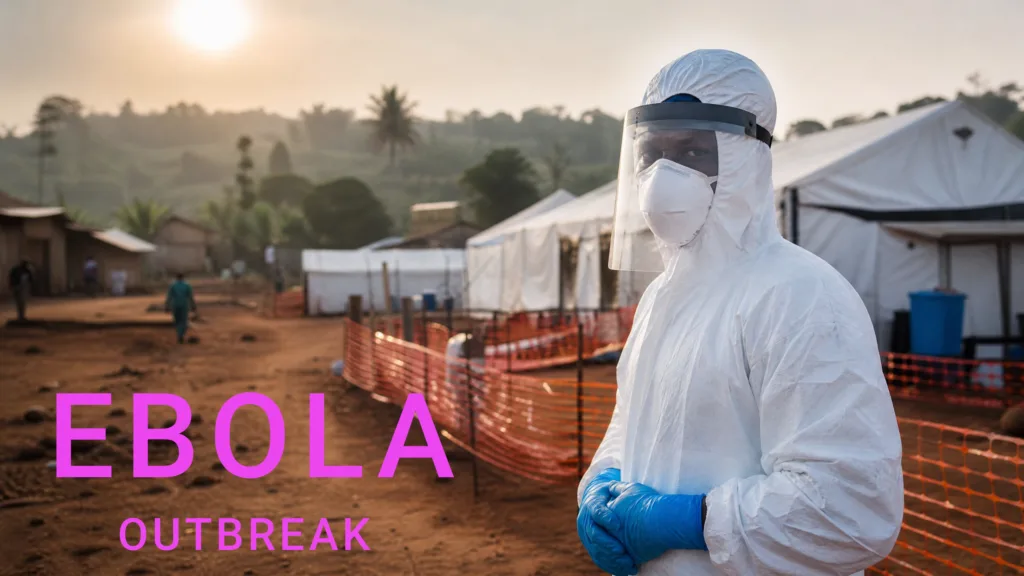 A healthcare worker in full PPE at an Ebola treatment center in Africa, symbolizing the medical response to the outbreak.