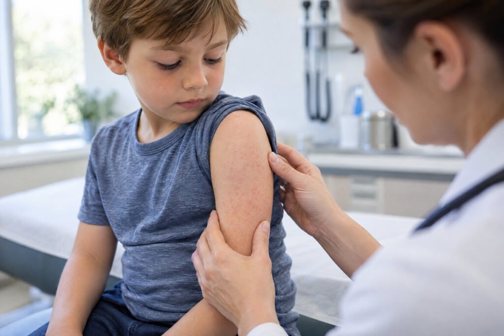 Clinician examining a child’s arm with a mild illustrative rash during measles outbreak