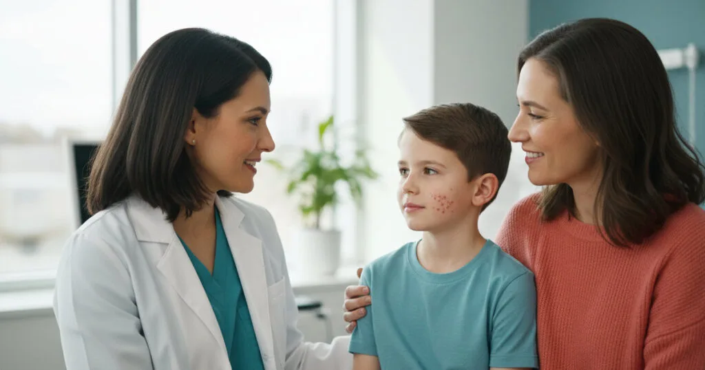 Pediatrician speaking with a parent and child during a measles outbreak related clinic visit.